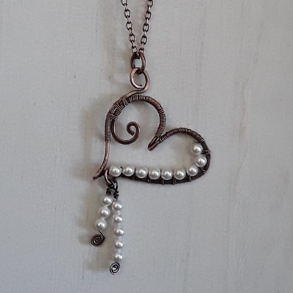 Copper Wire Wrapped Necklace w/Pearls - Picture 1 of 3